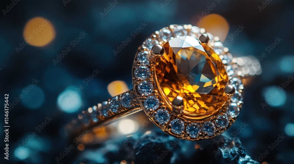 Intricate blue gemstone ring with sparkling accents showcased in elegant lighting Intricate blue gemstone ring with sparkling accents showcased in elegant lighting