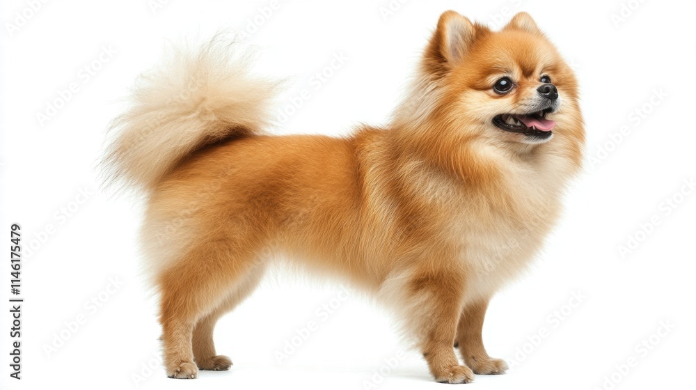 A Playful, Fluffy Pomeranian Dog with a Vibrant Coat and Lively Expression Standing Proudly Against a Clean White Background A Playful, Fluffy Pomeranian Dog with a Vibrant Coat and Lively Expression Standing Proudly Against a Clean White Background