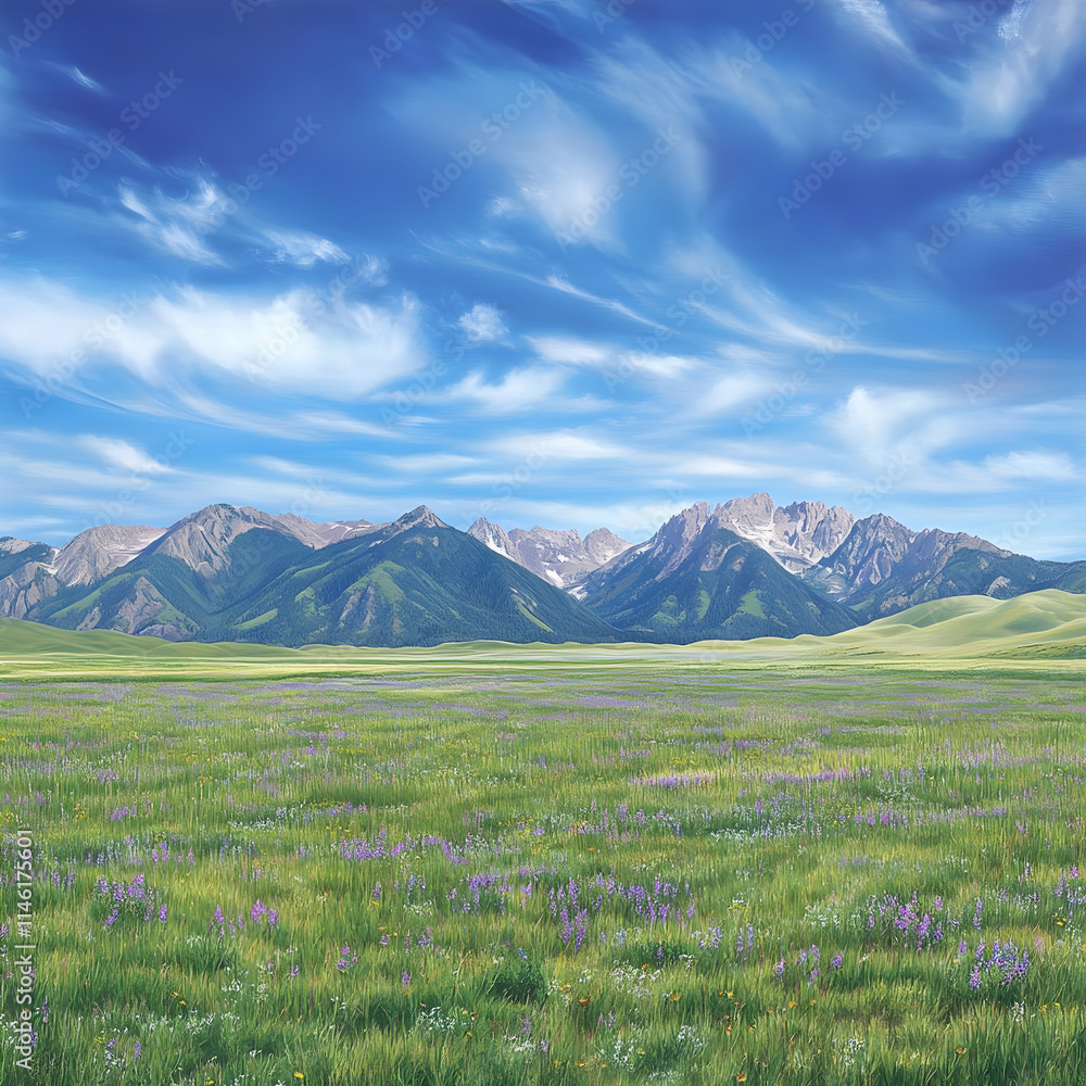 Fototapeta premium Mountain Meadow Landscape Illustration
