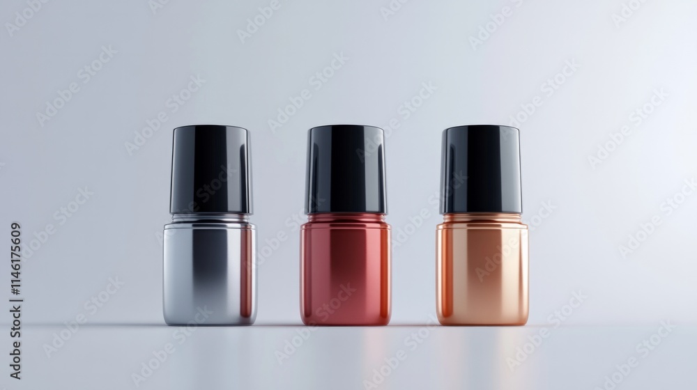 A set of premium nail polish bottles with sleek design, floating on a white background, AI Generative. A set of premium nail polish bottles with sleek design, floating on a white background, AI Generative.