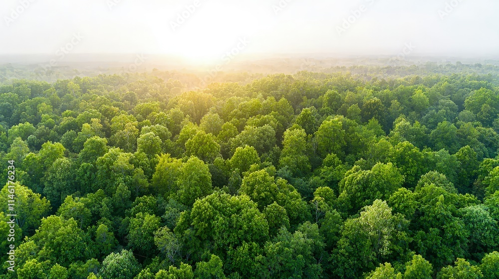 Aerial view of lush green forest at sunrise. Aerial view of lush green forest at sunrise.