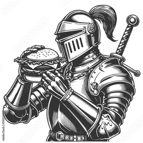 medieval knight in full armor eats large burger, combining historical and modern elements with humor sketch engraving generative ai vector illustration. Scratch board imitation. Black and white image