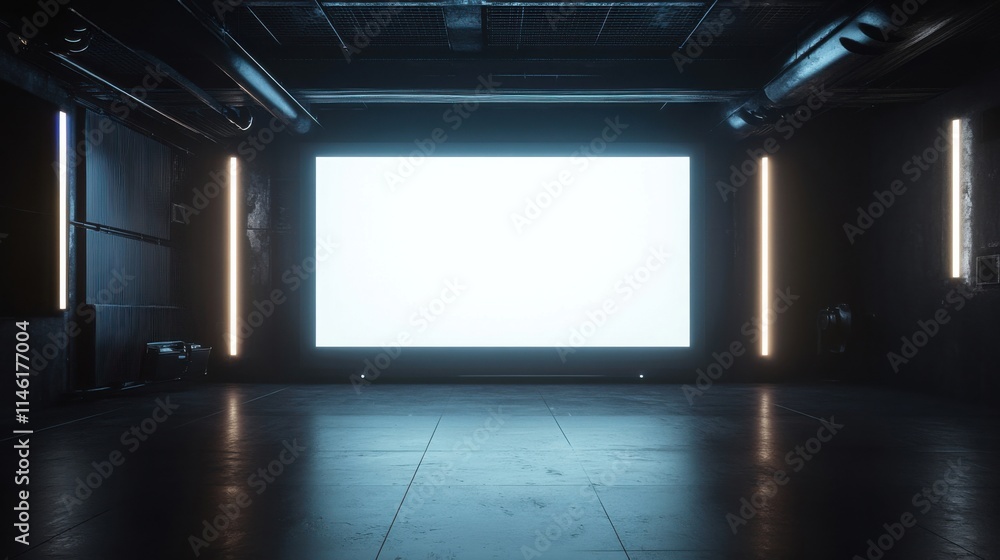 a large screen in a dark room with lights a large screen in a dark room with lights