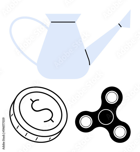 Light blue watering can, coin with dollar sign, black fidget spinner. Ideal for finance, business growth, investments, stress relief, balance productivity mindfulness. Line metaphor