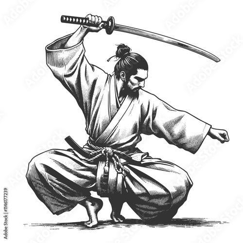 Bushido muscular samurai with katana, showcasing traditional Japanese warrior art sketch engraving generative ai fictional character vector illustration. Scratch board imitation. Black and white image