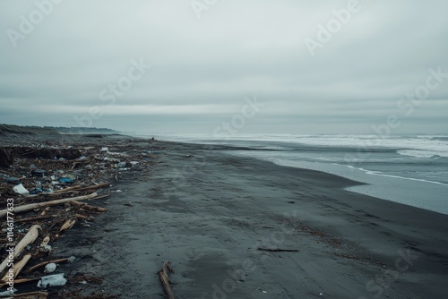 A moody, overcast beach scene with scattered driftwood and debris depicting the somber realities of coastal pollution and environmental neglect.