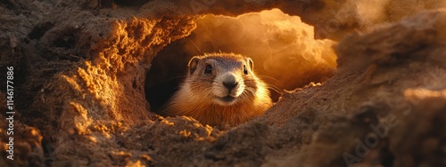 Marmot climbed out of the hole. Selective focus. photo