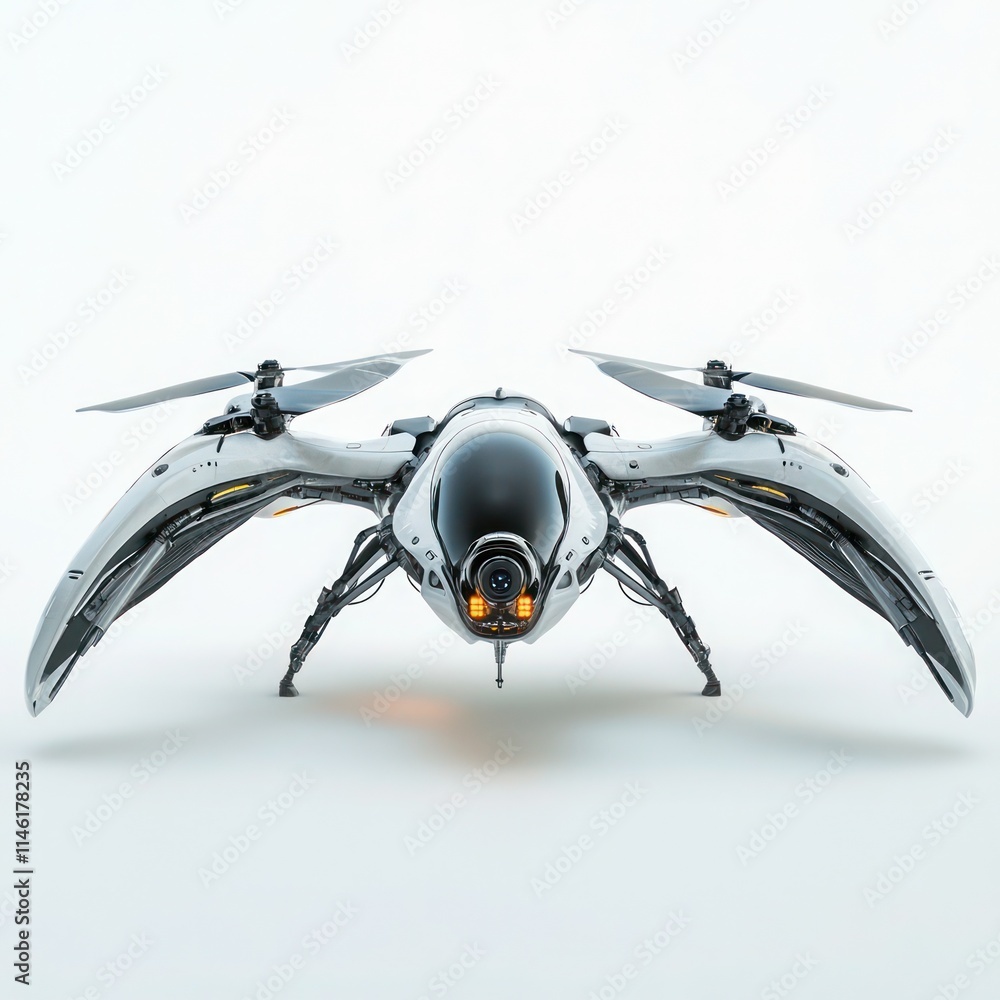 Fototapeta premium 3D render of a sci-fi drone on white background, front view.