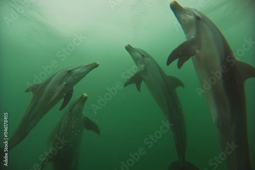 A vivid underwater scene showcasing several dolphins gracefully swimming together in a serene green sea, capturing the beauty and freedom of marine life in motion. photo