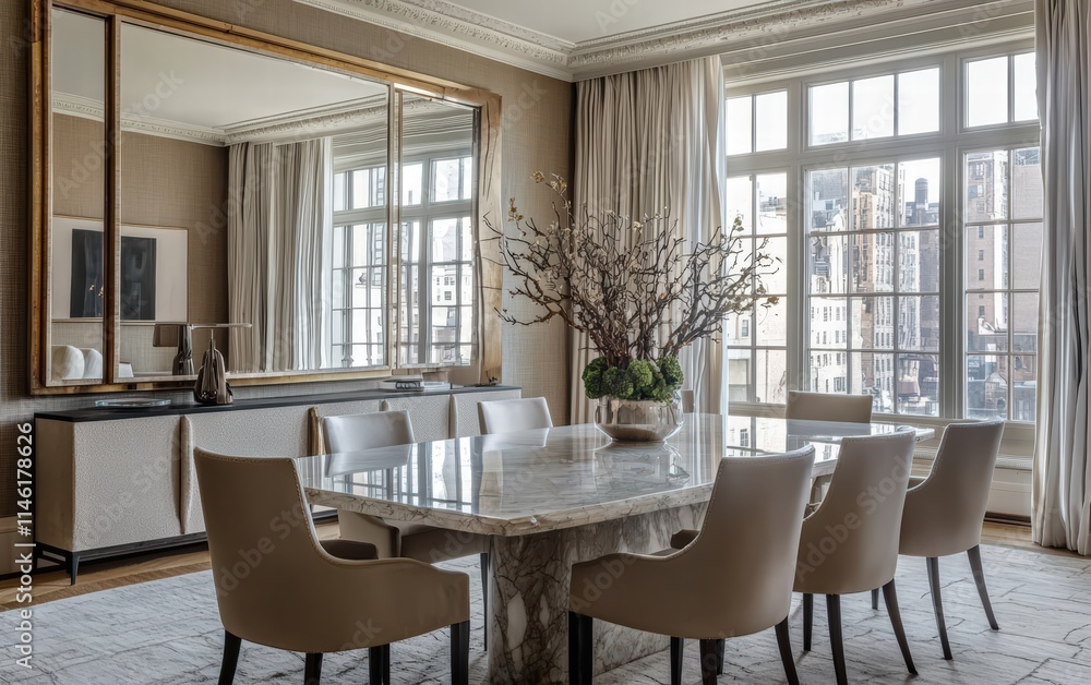 An elegant art-deco dining space with a marble-top table, plush chairs, and a large statement mirror An elegant art-deco dining space with a marble-top table, plush chairs, and a large statement mirror