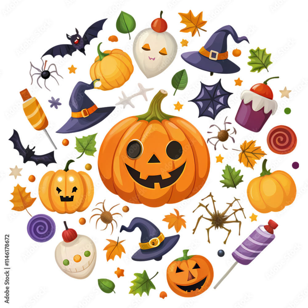 Naklejka premium Adorable Halloween Jack-o'-lantern design with autumnal elements
