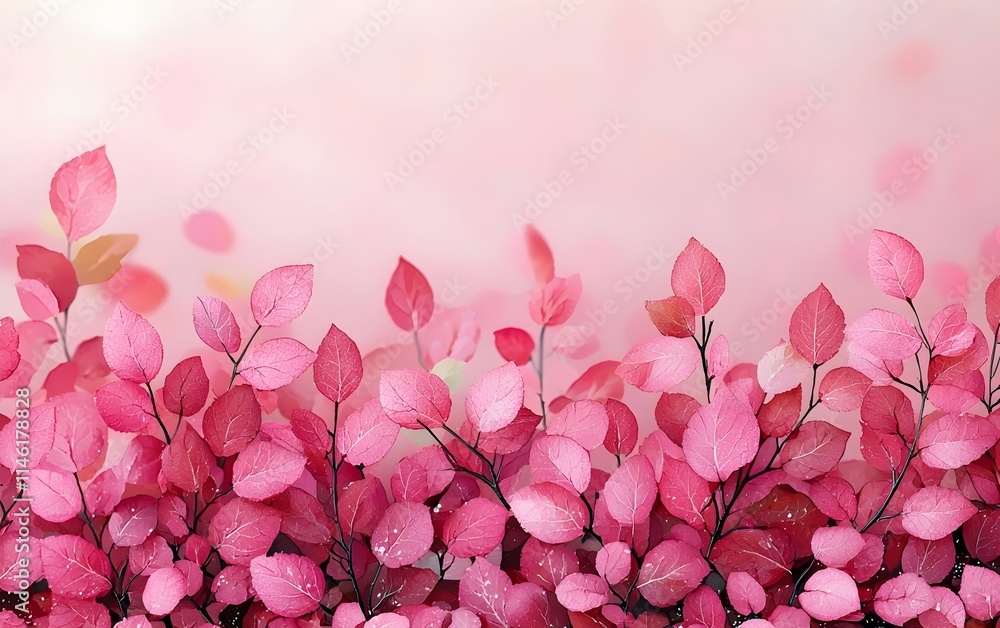 Obraz premium A vibrant display of pink leaves, showcasing a beautiful blend of colors against a soft pink background, evoking a serene and dreamy atmosphere.