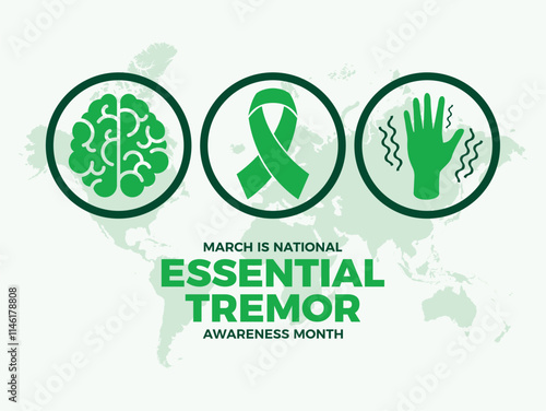 March is National Essential Tremor Awareness Month poster vector illustration. Green awareness ribbon, hand shaking, brain icon set. Template for background, banner, card. Important day