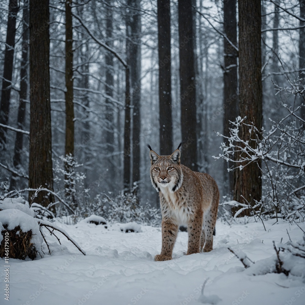 Obraz premium A lynx walking silently through a snow-draped forest in the early morning.