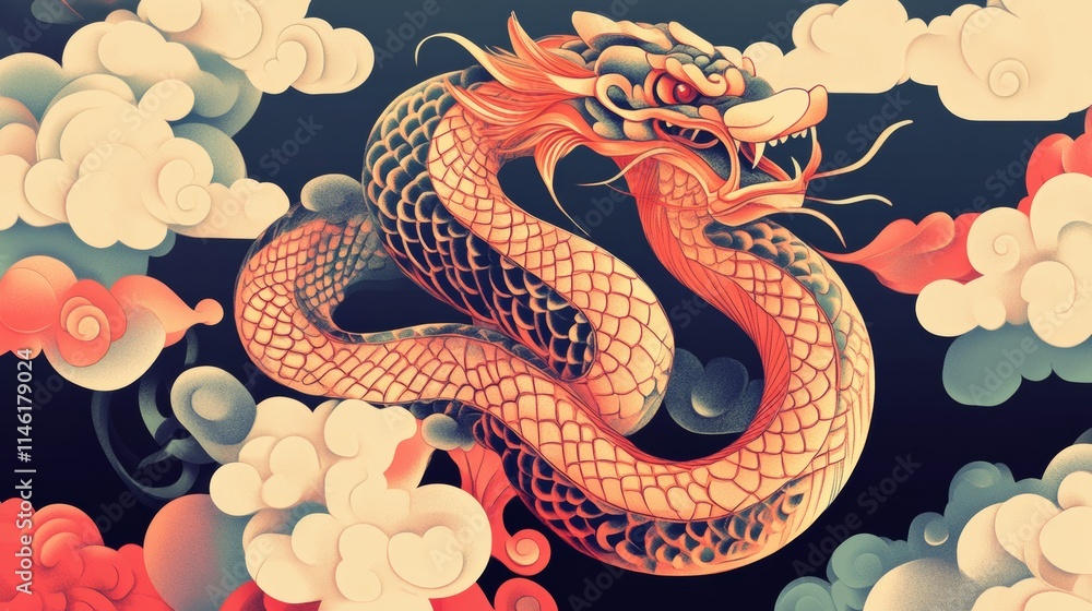 Fototapeta premium Chinese New Year 2025 vector illustration of Year of Snake cover, poster and sale banner. Chinese zodiac Snake symbol.