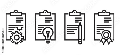 Users manual or agreement icons - with gear, lightbulb, pencil or seal. in bold line