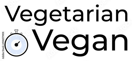 Text elements Vegetarian and Vegan with a minimalist blue stopwatch icon. Ideal for awareness, healthy living, diet choices, plant-based eating, speed, time-saving, simple lifestyle. Line metaphor