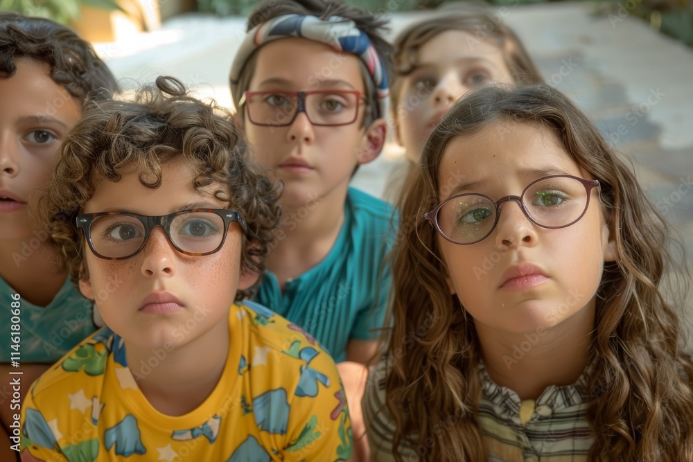 Portrait of a group of children with glasses. Selective focus. Portrait of a group of children with glasses. Selective focus.
