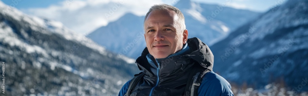 A man with a confident smile stands against the backdrop of stunning snowy mountains, embodying the essence of winter adventure A man with a confident smile stands against the backdrop of stunning snowy mountains, embodying the essence of winter adventure