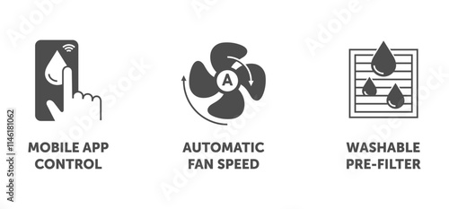 Icons set - Automatic fan speed, Washable pre-filter, App control, in monochrome style