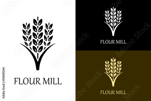 wheat stalks, ears, seeds, leaf, vine, flour mill logo, organic food, bread, bakery, cookie shop, wheat flour, vector, illustration