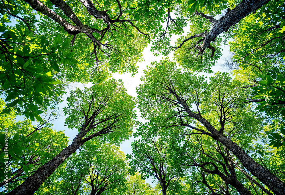 Fototapeta premium Mangrove trees from an upward angle, eco-friendly carbon absorption, fighting climate change, sustainability in practice