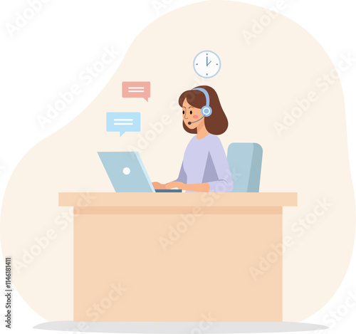 Flat Vector Illustration of a Customer Service Representative Working at a Desk with a Laptop and Headset, Engaging in Online Communication photo