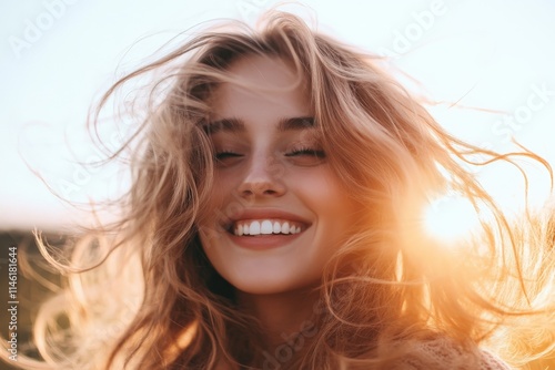 A smiling woman with wind-swept hair basks in the golden glow of sunset, capturing freedom, joy, and vitality in an expressive and luminous outdoor portrait. photo