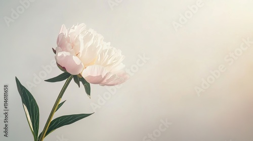 A solitary pale pink peony against a soft grey-beige background, close-up shot, Minimalist style