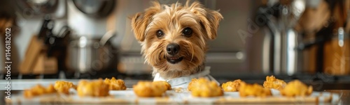 There is a dog that is sitting in front of some food, animal background, banner, copy space photo