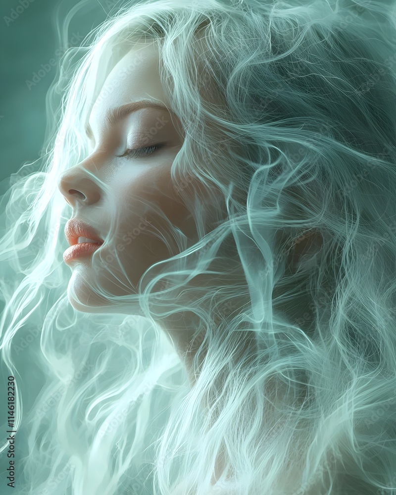 A serene portrait of a young Caucasian woman with flowing, wavy hair surrounded by ethereal wisps of smoke. The soft color palette creates a dreamy and tranquil mood. A serene portrait of a young Caucasian woman with flowing, wavy hair surrounded by ethereal wisps of smoke. The soft color palette creates a dreamy and tranquil mood.