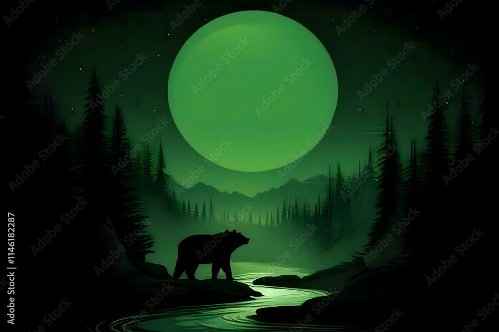Green Moon Night Forest Bear Illustration