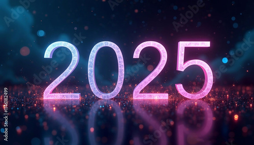 numbers 2025 on a futuristic background, neon, shiny, new year, glowing, festive, poster, greeting, trend, sparkle