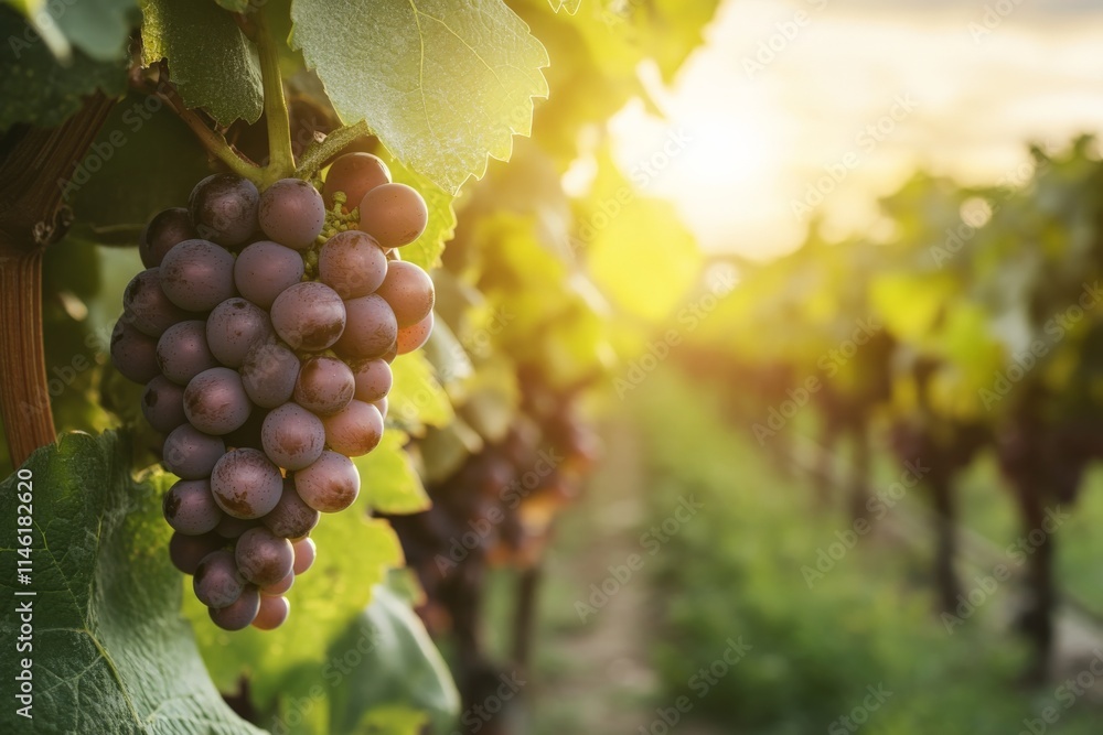 Fototapeta premium A bunch of ripe grapes hanging on the vine in a vineyard, with sunlight streaming through the leaves, symbolizing abundance and nature's bounty in a serene setting.