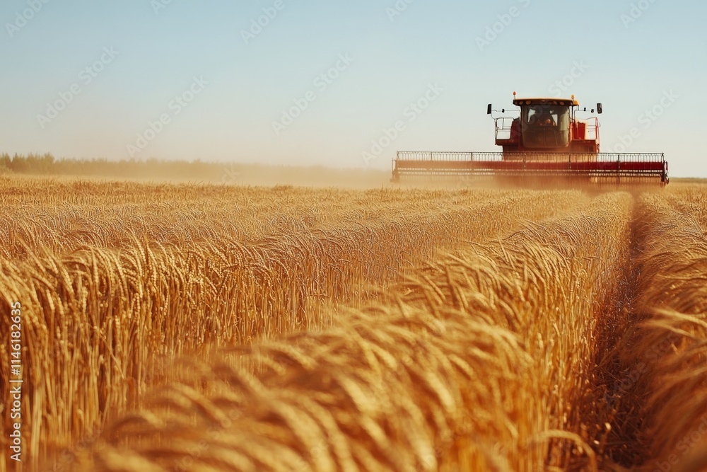 Fototapeta premium A combine harvester works through a field of wheat beneath a clear sky, signifying the bounty of harvest season and the productivity of modern farming technology.