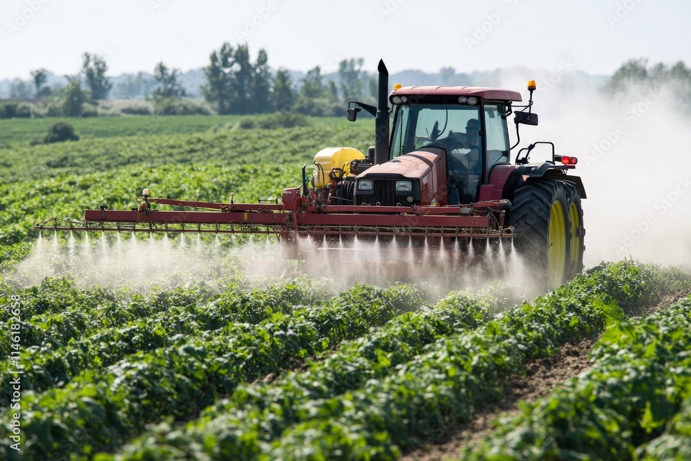 Fototapeta premium A powerful tractor operates in an expansive field, efficiently spraying crops with a misty solution, demonstrating modern agricultural techniques under bright natural conditions.