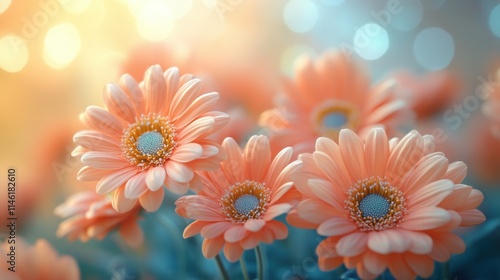 Beautiful peach gerbera flowers bloom in soft light.