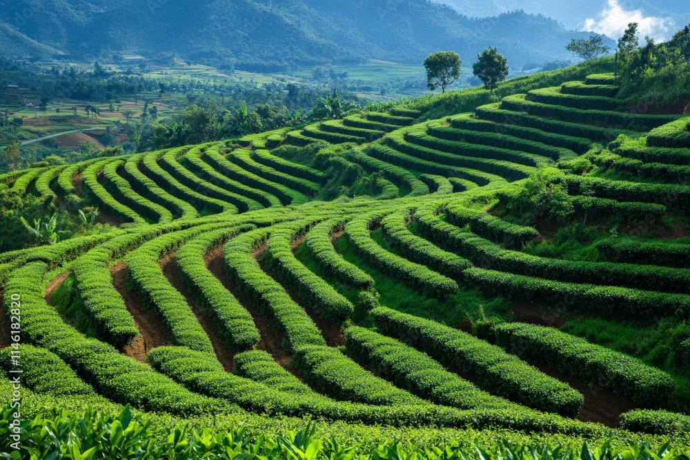 Beautifully arranged terraces with vibrant green crops stretch across rolling hills under a clear sky, exemplifying the balance between agricultural innovation and natural beauty. Beautifully arranged terraces with vibrant green crops stretch across rolling hills under a clear sky, exemplifying the balance between agricultural innovation and natural beauty.