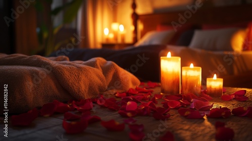 Soft light from candles illuminates a cozy bedroom adorned with rose petals scattered on the bed. The warm atmosphere creates a relaxing space perfect for unwinding after a long day. photo