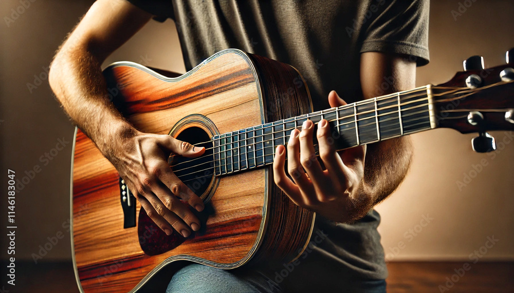 Fototapeta premium man playing guitar, close-up of guitar and hands, no face