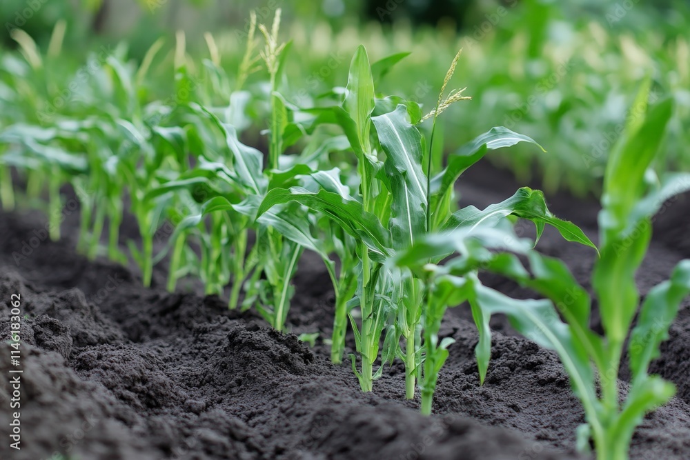 A striking close-up of a row of vibrant, young corn plants shooting up from the rich, dark soil, representing fresh growth and potential under natural sunlight. A striking close-up of a row of vibrant, young corn plants shooting up from the rich, dark soil, representing fresh growth and potential under natural sunlight.