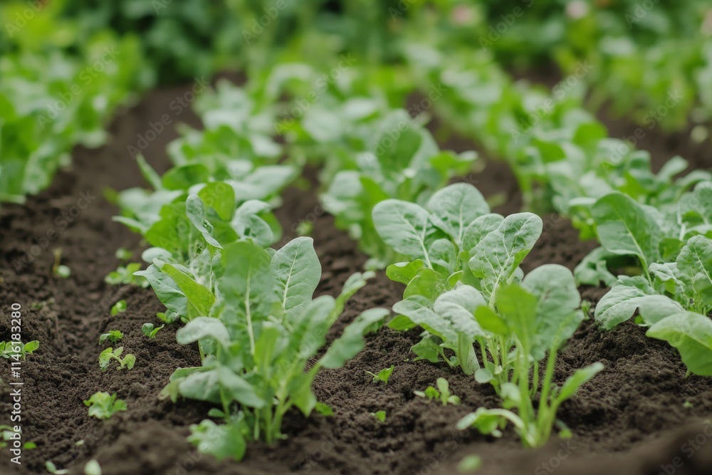A close-up view of fresh green plants thriving in a well-maintained garden bed, showcasing growth and vitality under ideal conditions with rich soil.