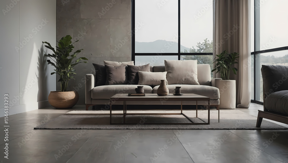 Modern Living Room Interior with Sofa, Coffee Table, and Plants Modern Living Room Interior with Sofa, Coffee Table, and Plants