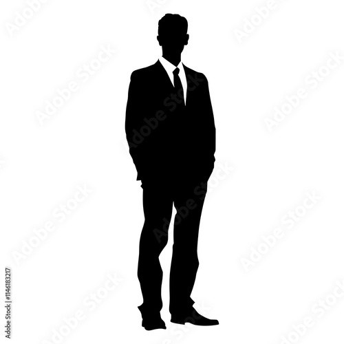Business man in suit standing front. Vector black silhouette