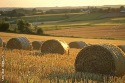 As the sun slips below the horizon, golden hay bales sit tranquilly in an open field, exuding feelings of peace and satisfaction after a fruitful day's harvest. photo