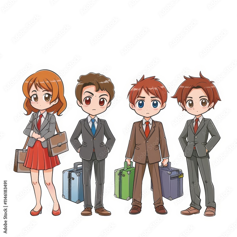 Four cartoon businesspeople in suits and with luggage stand in a row. Four cartoon businesspeople in suits and with luggage stand in a row.