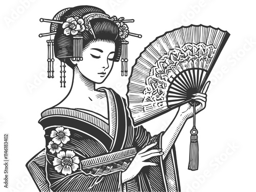  graceful geisha in traditional attire, adorned with flowers and hairpins, holding a decorative fansketch engraving generative ai vector illustration. Scratch board imitation. Black and white image.