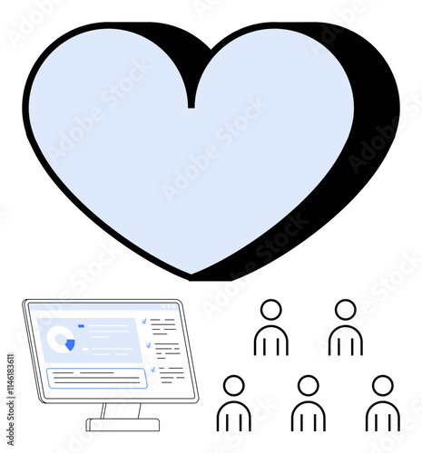 Heart-shaped icon above computer screen with data, surrounded by five simplified human figures. Ideal for teamwork, collaboration, data analytics, community support, productivity, digital workspace