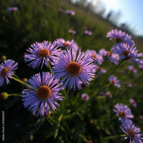 A bird’s-eye view photograph of Asters in nature. Iridescent colors are reflected, silhouetted against a backlighting