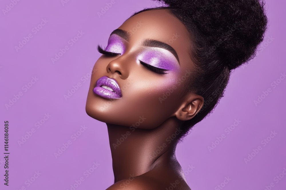 Black Woman Eye Makeup with Purple Background Photo. Fictional Character Created By Generative AI Black Woman Eye Makeup with Purple Background Photo. Fictional Character Created By Generative AI